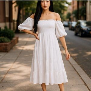 R. Vivimos Women’s Summer Cotton Puff Sleeve Ruffle Off Shoulder A-Line Midi